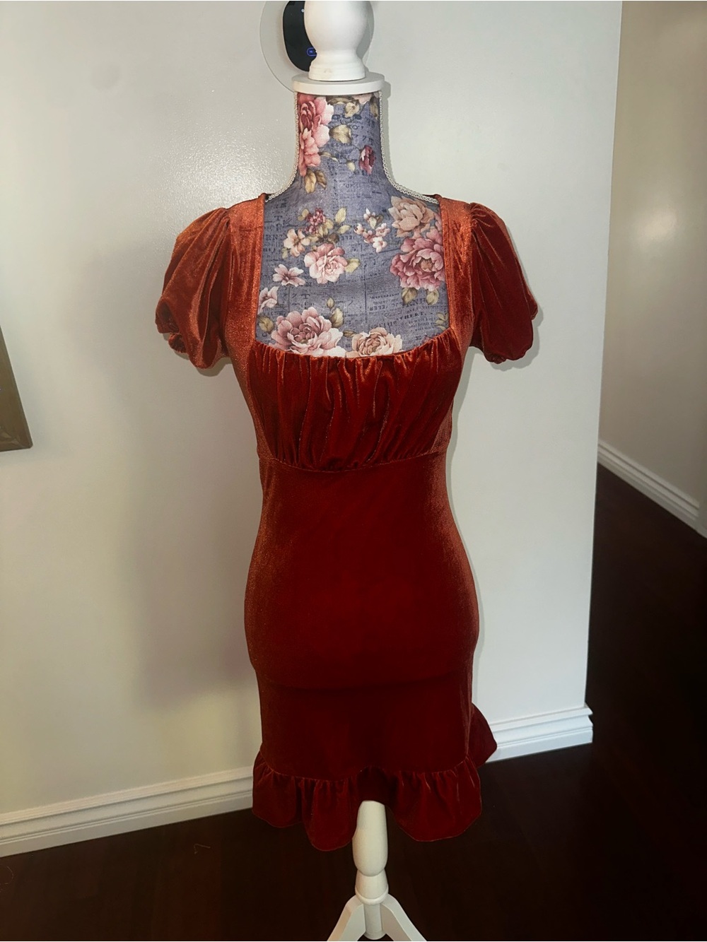 Forever 21 Rust Velvet Square Neck Mini Dress with Ruffle Hem
